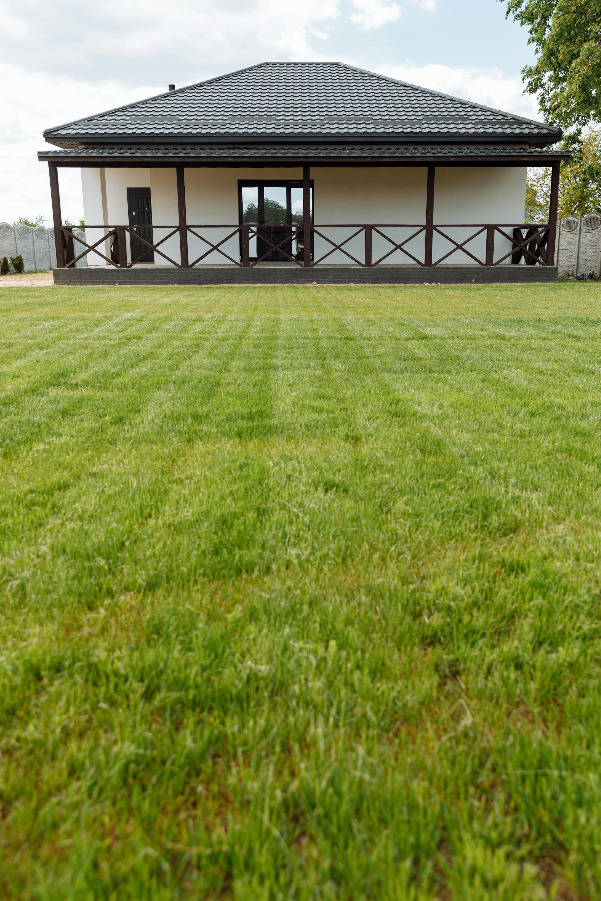 Freshly mowed lawn with crisp mowing stripes after professional lawn care service